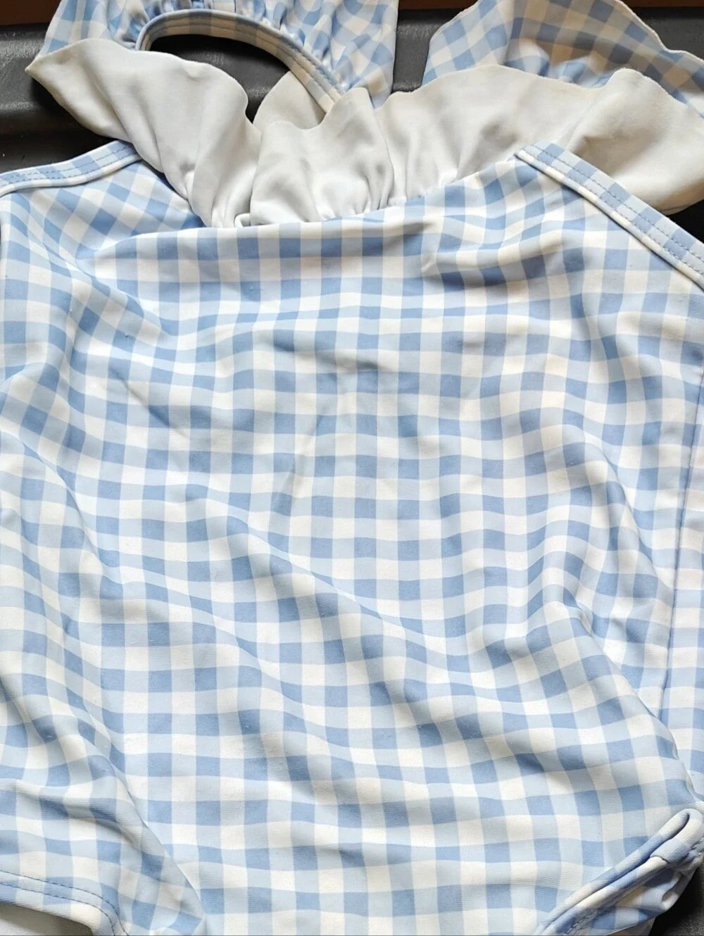 Girls' Light Blue Gingham Ruffle One-Piece Swimsuit